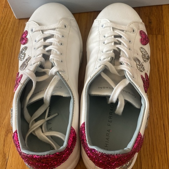 Chiara Ferragni Women’s White Sneakers With Pink Sequin Hearts Size 39 - Picture 5 of 10